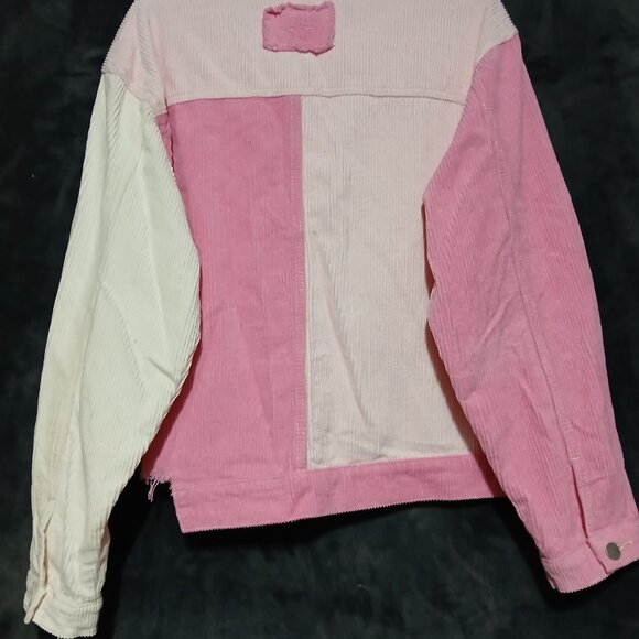 POL Urban Outfitters Pink Ivory Corduroy Frayed Oversized Cropped Jacket Women S - Picture 2 of 12